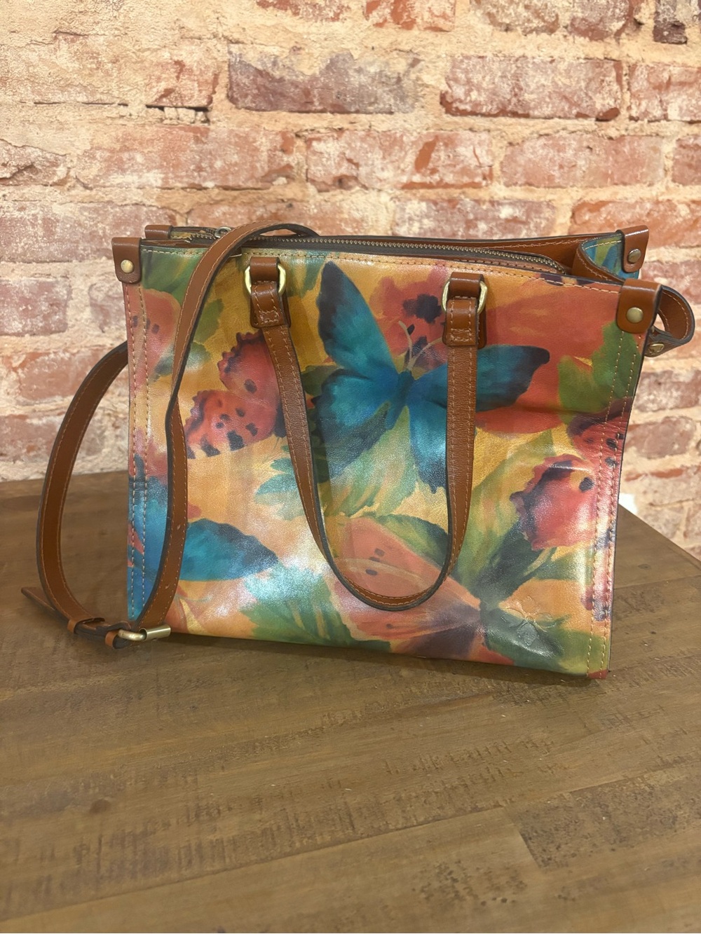 Patricia Nash Multicolor Floral & Blue Butterfly Shoulder Bag with Brown Trim